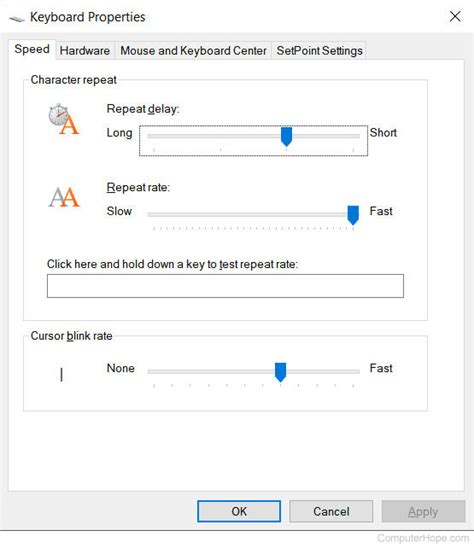 keyboard properties windows 10